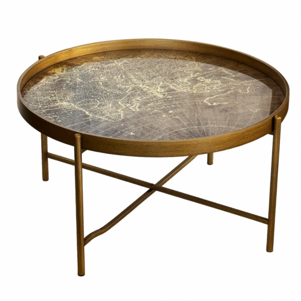 Glass coffee table round bronze map